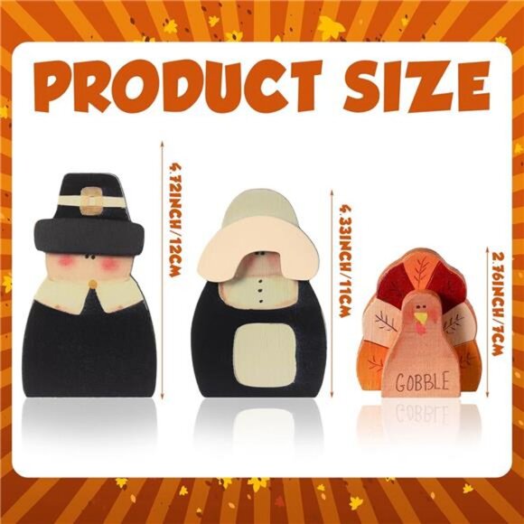 3 Pcs Fall Thanksgiving Decorations Fall Wooden Turkey Pilgrim Couple Table Sign - Picture 3 of 7